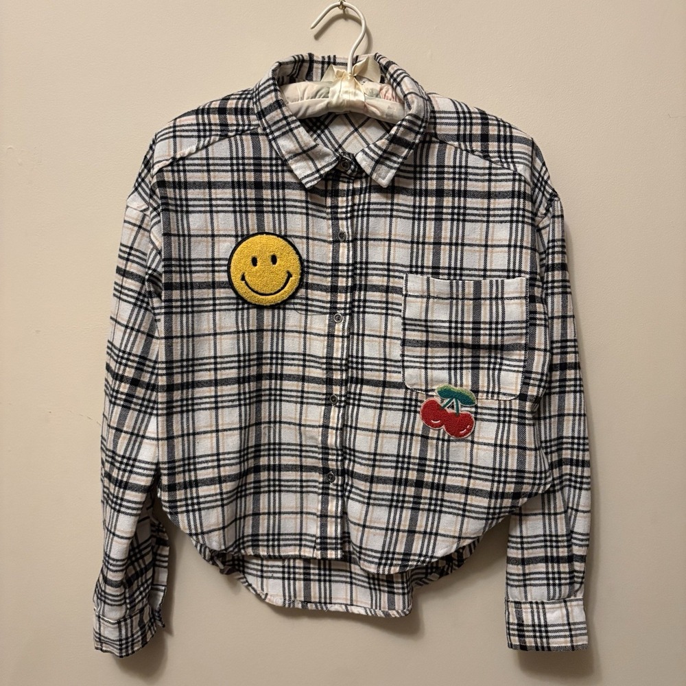 No Comment Size M Flannel Cherry Smiley Face Patches Black Tan Grey White